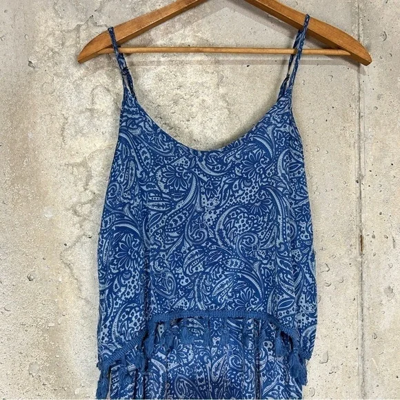 Earthbound blue paisley floral tassel spaghetti strap maxi dress small - Picture 2 of 7
